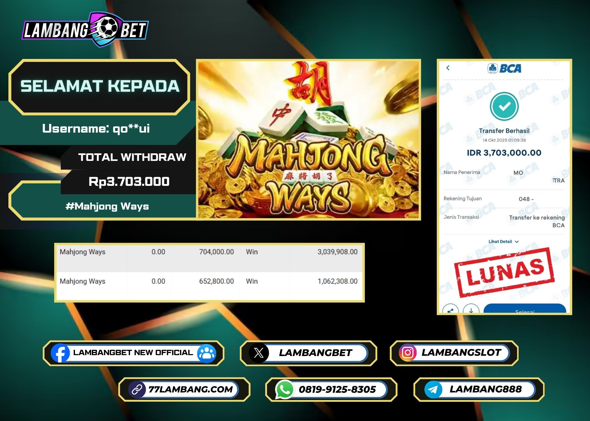 LAMBANGBET [14 OKTOBER 2025] JACKPOT SLOT Mahjong Ways "Rp3.703.000" LUNAS